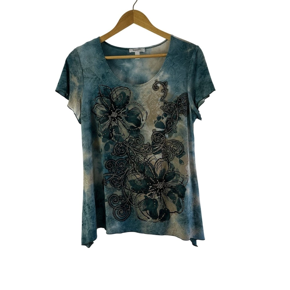 Dressbarn Artsy Top Women 1X Navy Blue Gold Mixed Print Embellished Boho Flutter